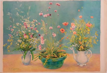 André Vignoles André Vignoles (1920 - 2017) Trois pots de fleurs sur fond bleu, huile...