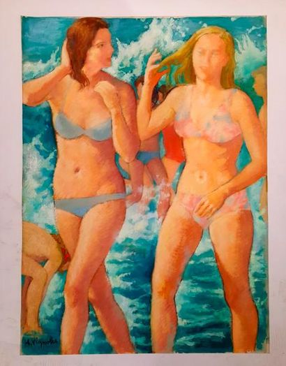 André Vignoles André Vignoles (1920 - 2017) Deux Baigneuses à Biarritz, gouache et...