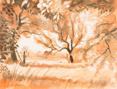 André Vignoles André Vignoles (1920 - 2017) Paysage en sous-bois, technique mixte,...