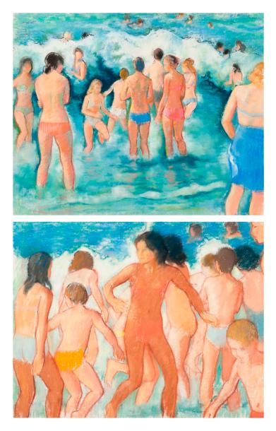 André Vignoles André Vignoles (1920 - 2017) Lot de deux Scènes de Baignade, pastel...