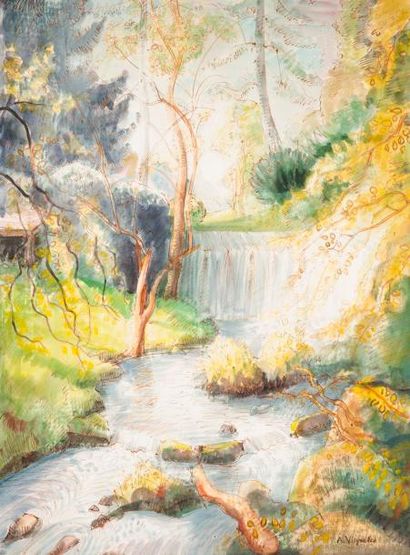 André Vignoles André Vignoles (1920 - 2017) Cascade en Sous Bois, technique mixte,...