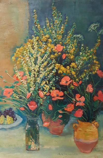 André Vignoles (1920-2017) André Vignoles (1920-2017) Bouquets aux molènes, huile...