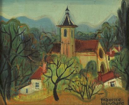 Maurice BLANCHARD (1903-1969) Eglise Huile sur panneau, située au dos Basses Alpes....