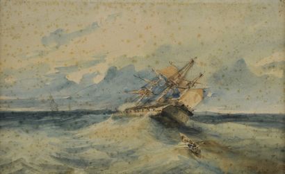 Edouard CAUVIN (1817-1900) Navire dans la tempête Aquarelle. 25 x 41 cm (Traces de...