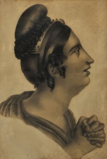 D. PELLERANO (XIXe-XXème siècle) Profil de femme Dessin et crayon, découpé et recolé...