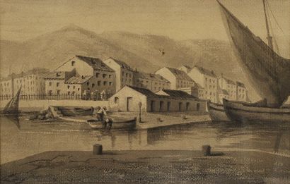 D. PELLERANO (XIXe-XXème siècle) Vue portuaire Lavis d'encre. 15,5 x 24 cm