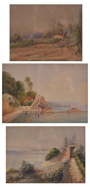 D. PELLERANO (XIXe-XXème siècle) Ensemble de trois aquarelles : - La Crau, Toulon,...