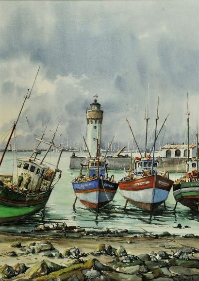 Michel GUYOT (1948- ) Port de Guilvinec, chalutiers à marée basse Aquarelle. Signé...