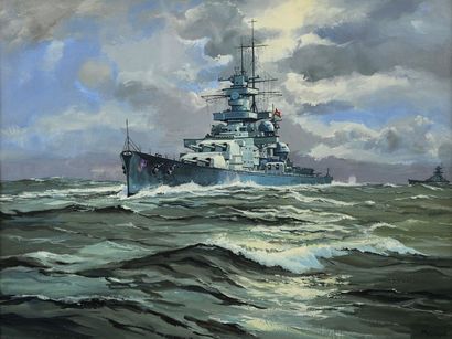 Michel GUYOT (1948- ) Croiseur de bataille allemand Gneisenau Gouache. Signé en bas...