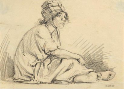 Etienne DINET (1861 - 1929) Le petit mendiant Fusain, signé en bas à droite 19 x...