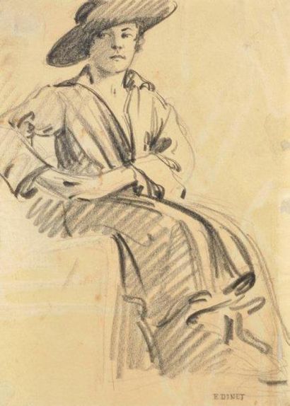 Etienne DINET (1861 - 1929) Portrait d'élégante assise Fusain, signé en bas à droite...