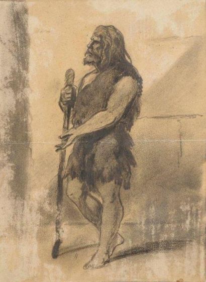 null Portrait d'homme préhistorique Fusain 26 x 18,5 cm (pliure au centre) 
