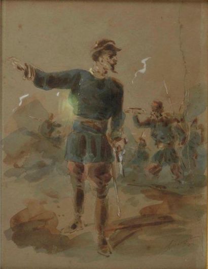 DURENUANT (XIXe siècle) Soldats Aquarelle et rehauts de gouache, signée en bas à...