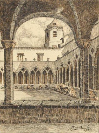 A. Fiorentino di CORDIALE (Ecole italienne XIX - XX°) Vue du cloître de St François...