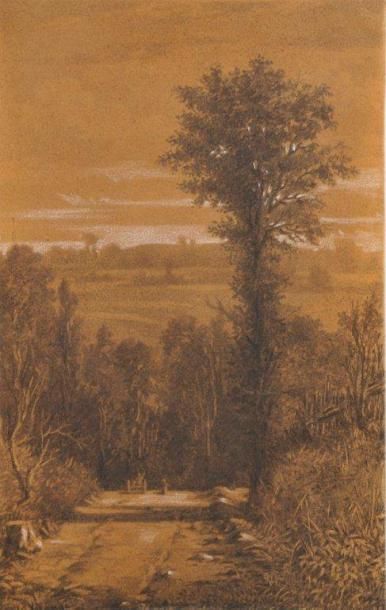 ALLONGÉ Auguste (1833 - 1898) Paysage Fusain et craie blanche sur papier brun, signé...