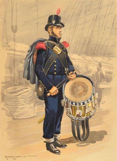 Edmond LAJOUX (XIX - XX°) Officier de marine Aquarelle, craie blanche sur papier...