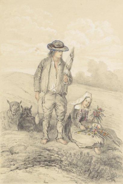 ANONYME XIXe siècle Couple de paysans Aquarelle et crayon sur papier cartonné 28,5...