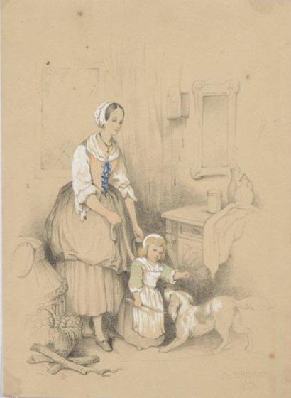 Charlotte SCHREIDER (Attribué à) 1834 - 1922 Famille dans son intérieur Craie blanche,...