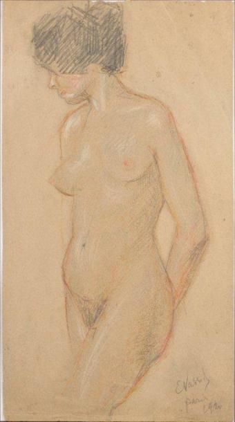 E. VASSIL? Femme nue Sanguine et crayon, signé en bas à droite, situé à Paris et...