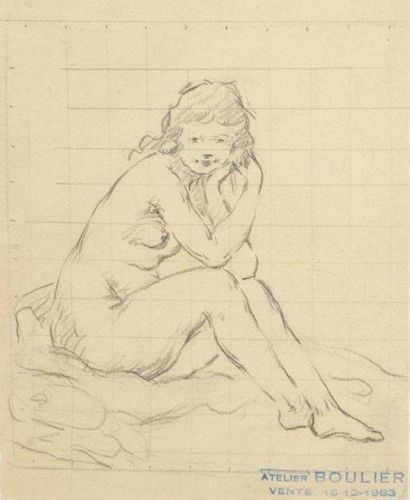 BOULIER Lucien (1882 - 1963) Femme nue assise Crayon sur papier quadrillé, cachet...