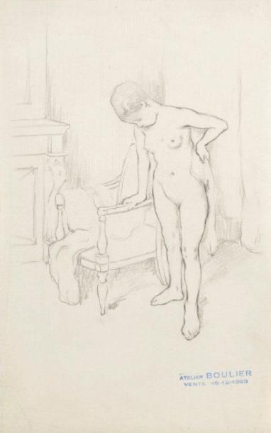 BOULIER Lucien (1882 - 1963) Femme nue agenouillée Fusain et crayon rouge sur carton,...