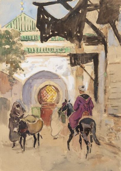 null Edouard DOIGNEAU (1865-1954) , cavalier dans une rue d'afrique du nord. Aquarelle....