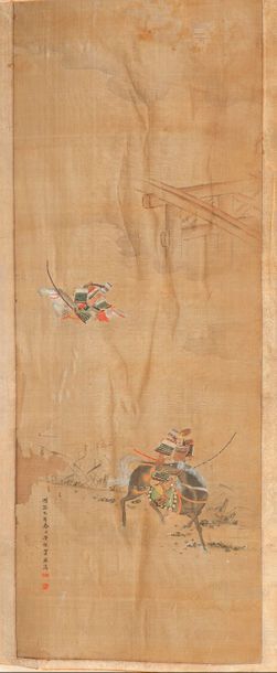 null JAPON Tissu peint représentant des cavaliers Haut. : 125 cm