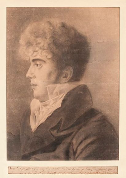 null Ecole française du XIXe siècle Portrait de jeune homme de profil Fusain Inscription...