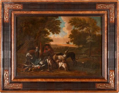 null Attribué à Adrian de GRYEF (1667 – 1715) Chasseur et ses chiens au trophée sur...