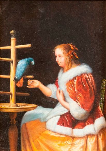 null D'après Frans van Mieris l'Ancien. Femme au perroquet Toile 23 x 17,5 cm On...