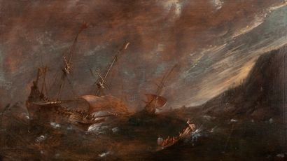 null Att. à Gilles Peters (1612-1653) Bateaux dans la tempête Huile sur panneau non...