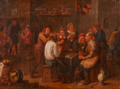 null Ecole hollandaise XVIIIe siècle Scène de Taverne Huile sur toile 45 x 61 cm