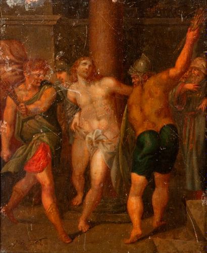 null Ecole flamande XVIIe siècle La flagellation du Christ Huile sur cuivre 16 x...