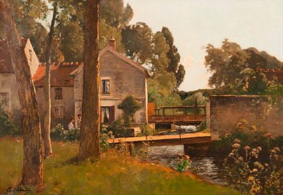 null Paul-Emile LECOMTE (1877-1950) Moulin sur la rivière Huile sur toile, signée...
