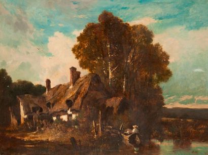 null Léon RICHET 1843 – 1907) Chaumière en bord de rivière dans un paysage Sur sa...
