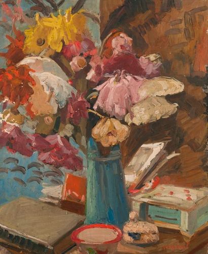 null Jacqueline MARVAL (1866-1932) Bouquet de fleurs Huile sur toile, signée en bas...