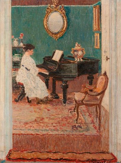 null Louis Thevenet (1874-1930) Femme au piano Huile sur toile, signée et datée 1921...
