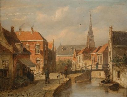 Van HUEZ(Actif au XIXème siècle en Hollande) Vue d'un canal hollandais Panneau de...