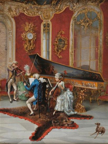 Oreste CORTAZZO (né à Rome en 1836) Concert dans un salon Louis XV avec clavecin...