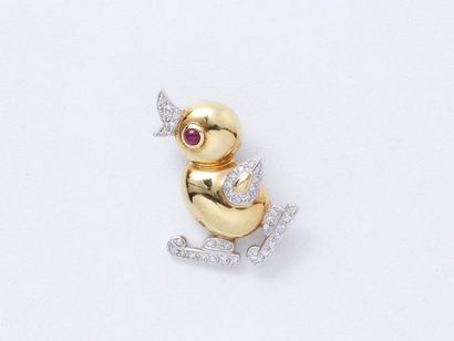 null Broche pendentif en or 585 millièmes, stylisant un canard, l'œil ponctué d'un...