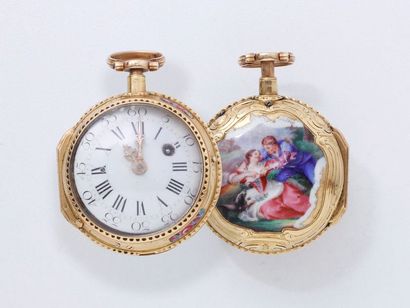 null Montre de poche en or 750 millièmes à répétition à toc, cadran émaillé blanc...