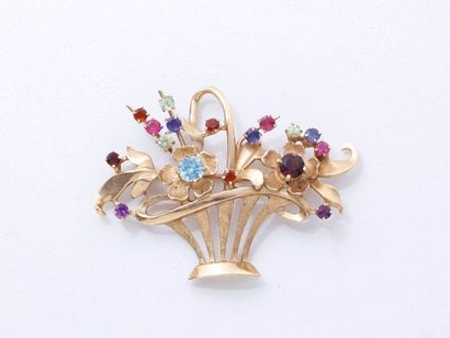 null Broche en or 585 millièmes, stylisant un panier de fleurs ponctué de pierres...