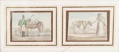 null Ecole FRANCAISE vers 1820

Paysanne à l'âne

Militaire à cheval

Deux aquarelles...