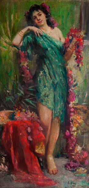 null Ecole moderne, jeune femme à la guirlande fleurie, toile 80,5 x 41 cm (sans...