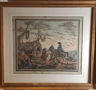 null Gravure rehaussée d’après WOUWERMANS, Les habitants du Maroc, 27 x 37 cm, titrée...