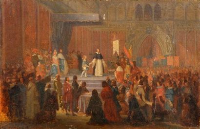 Ecole française vers 1840 Le couronnement de Saint-Louis Huile sur toile. Monogrammée...