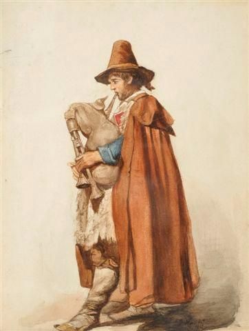 Prosper MARILHAT (1811-1847) Le joueur de cornemuse Aquarelle. Signée en bas à droite...