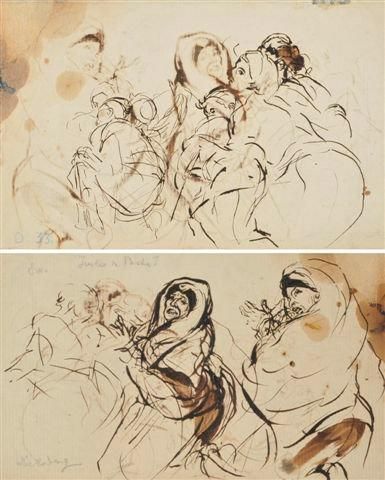 Alfred DEHODENCQ (1822-1882) Etude d'arabes Encre double face. Signée sur une face....