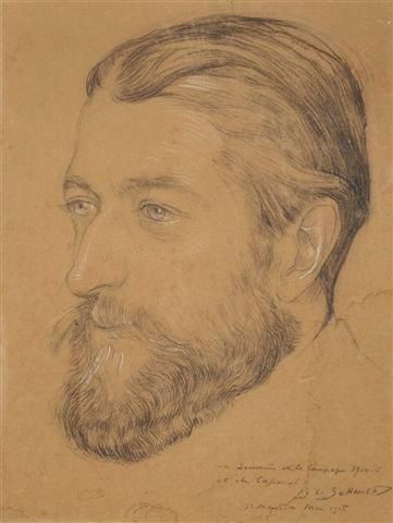 François Louis SCHMIED Portrait d'homme barbu Pierre noire et craie blanche. Dédicacée...
