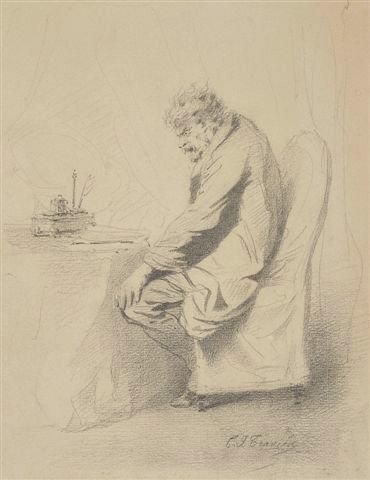Charles-Joseph TRAVIES DE VILLERS (1804-1859) L'Inspiration difficile Crayon. Signé...